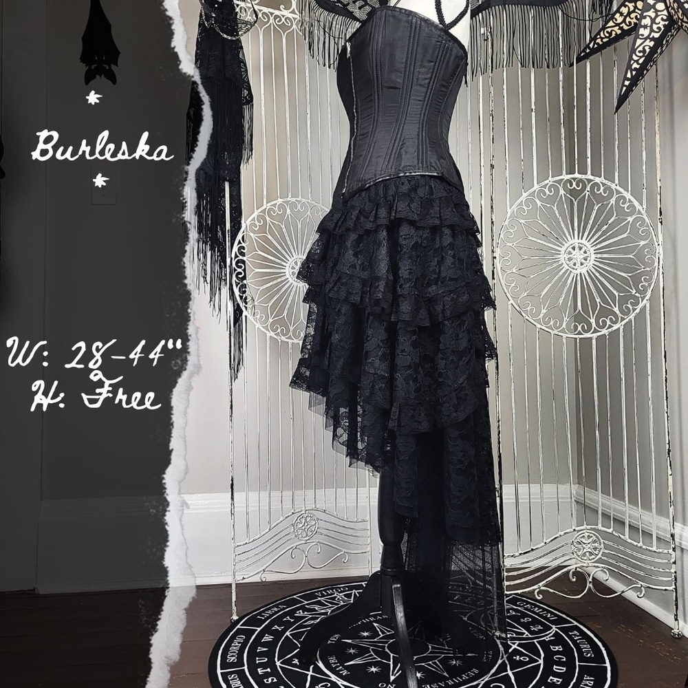 🚫SOLD🚫Black Lace and Mesh Layered High-Low Maxi Skirt with Train Goth